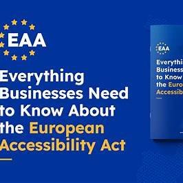 European Accessibility Act information. The EAA logo is prominent. A booklet is shown, titled "Everything Businesses Need to Know About the European Accessibility Act".