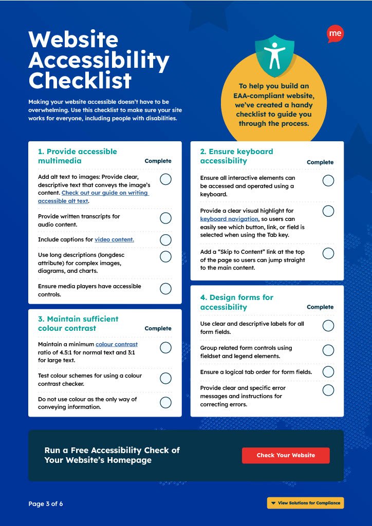 Website accessibility checklist showing three sections: provide accessible multimedia, ensure keyboard accessibility, and design forms for accessibility, with checkboxes for each requirement