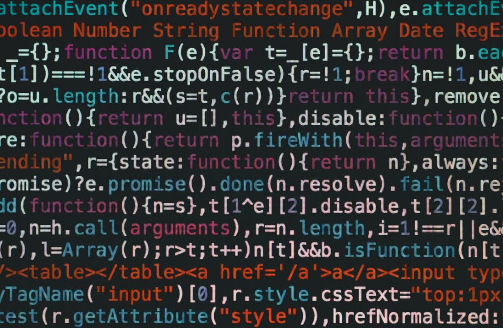 A screen displaying a dense array of JavaScript code, highlighted against a dark background for contrast. The text is a mix of blue, red, purple, and green, with each word meticulously crafted in a pixelated font. The code includes functions, variables, and arrays, with snippets like "function F(e){var t=[e];" and "return b.eat[1]=!1&&e.stopOnFalse(r=!1;break)n=!1,". The overall visual impression is one of complexity and precision, with the code creating a textured, almost tactile feel as if reading through a thicket of digital symbols.