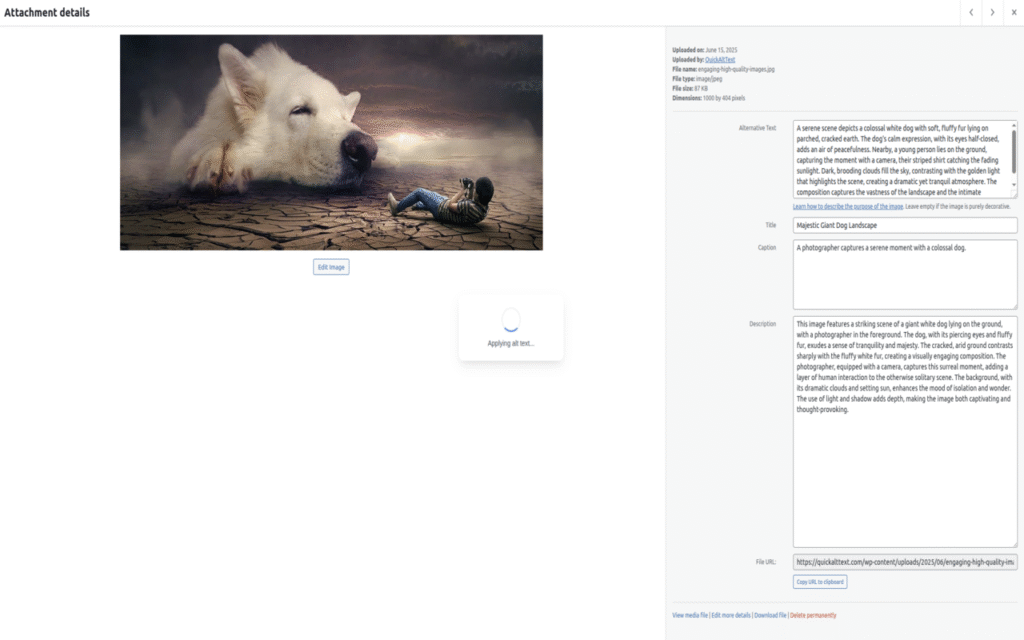 WordPress media library interface showing attachment details panel with four SEO fields: Title, Caption, Alt Text, and Description fields visible for image optimization