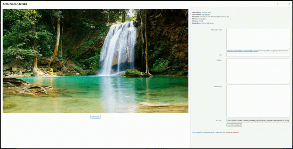 Animated GIF showing QuickAltText automatically filling WordPress Title, Caption, Alt Text, and Description fields with AI-generated content